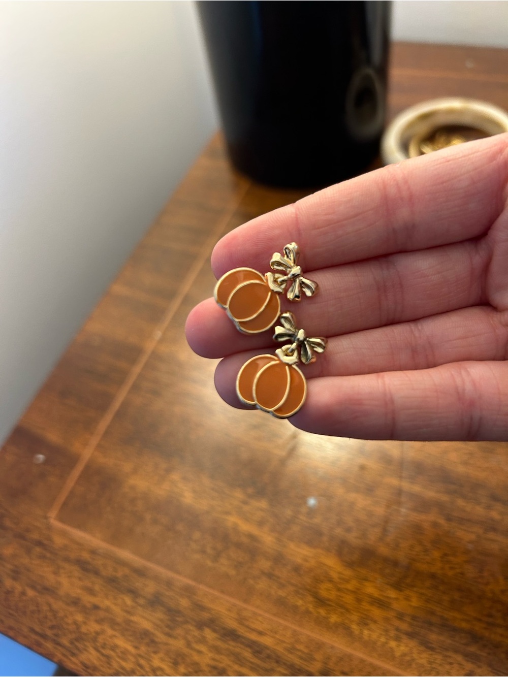 Gold Bow & Orange Enamel Pumpkin Drop Earrings